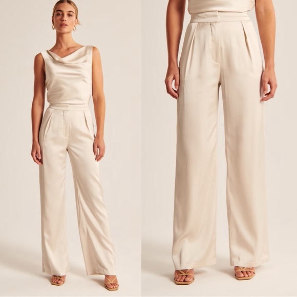 Abercrombie & Fitch Pants - SOLD Abercrombie • Satin Tailored Wide Leg Pant trouser silky flat front Cream